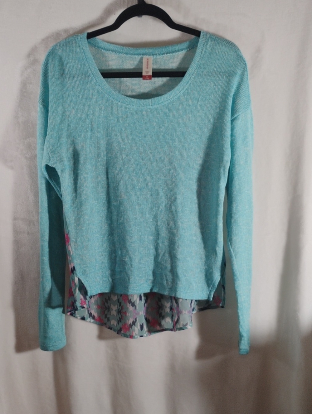 No Boundaries Aqua Layered-Hem Long Sleeve Top with Geo Print